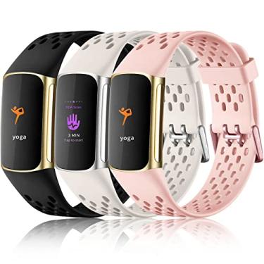 Imagem de Maledan Pulseira de substituição para Fitbit Charge 5/Charge 6, feminina, masculina, respirável, impermeável, para Fitbit Charge 5/Charge 6, preto/rosa areia/branco lunar
