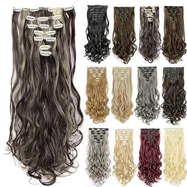 Imagem de IMISSU 7 peças/conjunto de grampo longo encaracolado em extensões de cabelo 16 grampos de extensão de cabelo de cabeça inteira peruca (Piano Loiro Mix Marrom)