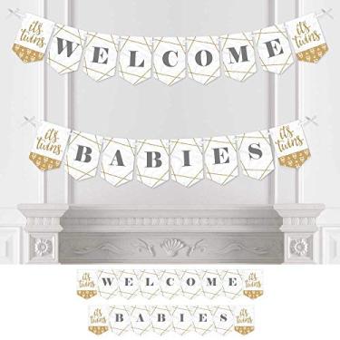 Imagem de Big Dot of Happiness It's Twins – Faixa dourada para chá de bebê Gêmeos – Decorações de festa – Bem-vindo aos bebês