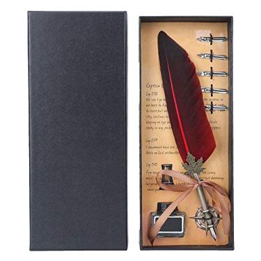 Imagem de GLOGLOW Caneta-tinteiro de pena vintage, caneta-tinteiro de caligrafia, caneta de imersão de 5 pontas, decoração de casa com caixa de presente (vermelha)