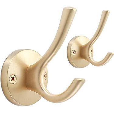 Imagem de TOFIIGREM Ganchos para parede dourados, pacote com 2 ganchos para toalha de metal pesado duplo gancho para banheira, ganchos para toalha de mão para cubículo, banheiro, cozinha, armário garagem