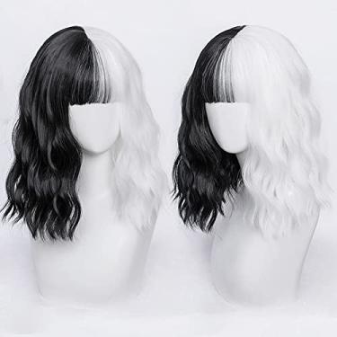 Imagem de Perucas pretas e brancas para mulheres|Peruca sintética resistente ao calor Bob cacheado curto com franja | Adequada para peruca de festa diária e cosplay