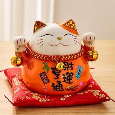 Imagem de Gato Chinês Da Sorte, Gato Da Sorte Da Sorte, Caixa De Dinheiro, Com Almofada Vermelha, Com Sinos, Cerâmica Saudável E Rica, Estatuetas Inovadoras, Dinheiro Do Cofrinho Para Gatos, Decoração De Ca