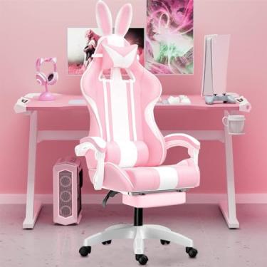 Imagem de Cadeira gamer fofa com orelhas de coelho, cadeira ergonômica de jogos para meninas com apoio de pés e apoio de cabeça (Rosa)