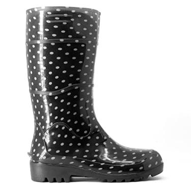 Imagem de Bota Galocha Feminina Poá De Bolinha Cano Longo Preta Impermeável Leve