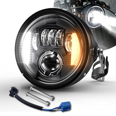 Imagem de BWCarid Farol de motocicleta de LED de 17,78 cm com caixa de concha DRL Luzes de seta de seta com braçadeira, suporte de montagem para tubo de garfo de 34 ~ 42 mm H-arley Yamaha Honda Cafe Racer Bobber Chopper