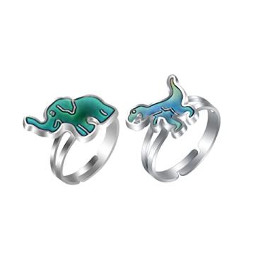 Imagem de Fuqimanman2020 Conjunto de 2 anéis de dinossauro de humor que muda de cor, emoção, sensação de temperatura, anel de dedo ajustável para mulheres, joias engraçadas de animais, One Size, Metal, Liga