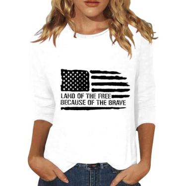 Imagem de Camisetas femininas com bandeira americana de verão 4 de julho camisetas de manga 3/4 Land of the Free Tops Patriotic Memorial Day, Bege, P