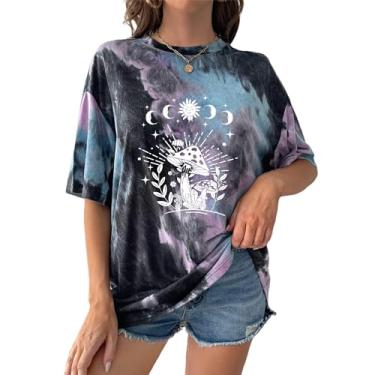 Imagem de SOFIA'S CHOICE Camisetas femininas grandes tie dye gola redonda manga curta casual verão, Cogumelo preto roxo, G