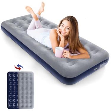 Imagem de QDH Colchão de ar para acampamento, cama de ar inflável, superfície flocada, almofada de dormir, cama de ar para barraca de acampamento ao ar livre para hóspedes viajando (azul marinho)