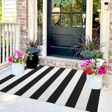Imagem de Tapete listrado para varanda ao ar livre, preto e branco, 8,5 x 1,5 m, lavável em camadas, capacho para porta da frente, tapete de algodão listrado para porta da frente, pátio, lavanderia, cozinha