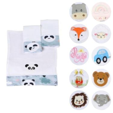 Imagem de Fraldas de Boca Para Bebê Estampada Bordada 30x40 com Tecido Duplo 03 Peças (Panda Azul)