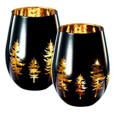 Imagem de Árvores de Natal de Natal de Natal de cristal preto e dourado taças de vinho sem haste - conjunto de 2 - vidro colorido vibrante gravado floresta árvore vidro fosco, perfeito para festas, presentes