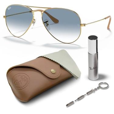 Imagem de Ray-Ban RB3025 Óculos de sol clássico gradiente em forma de aviador com kit de óculos – protetores de nariz ajustáveis – Óculos de sol retrô, Armação dourada polida Arista | Lente azul claro, 58mm