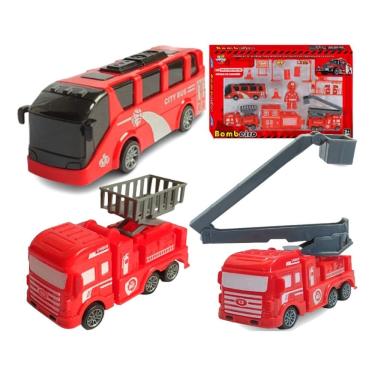 Imagem de Kit Caminhão Bombeiro Ônibus Fricção Brinquedo Infantil