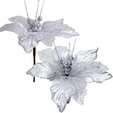 Imagem de Kit 4 Flores Artificiais Decoração Natal Glitter Prata 30cm