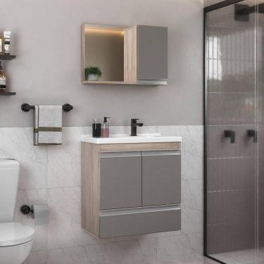 Imagem de Conjunto Gabinete Banheiro Fox 60cm (gabinete + Cuba + Espelheira) Madeirado Cinza