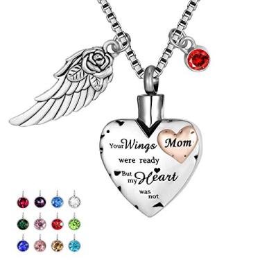 Imagem de Colar de urna de cremação vem com asa de anjo e 12 pedras do nascimento, joia de cinzas, pingente de memorial de coração, Metal