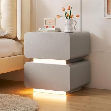 Imagem de Mesa de cabeceira moderna com luz LED pequena mesa lateral mesa lateral com 2 gavetas, mesa lateral para quarto, escritório, dormitório, mesa de canto rústica fácil de montar, sólida e estável, cinza
