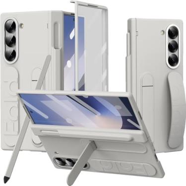 Imagem de NINKI Capa com alça para Samsung Galaxy Z Fold 5 com compartimento para S Pen e S Pen, capa aderente para Samsung Z Fold 5 com alça, capa protetora de dobradiça para Galaxy Z Fold 5 com suporte branco