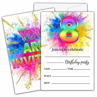 Imagem de Ycyfckdr Convites de aniversário de 8 anos para crianças, cartões de convite de festa de aniversário de pintura de arco-íris, decoração de artigos de celebração de festa em folha dourada - 20 convites