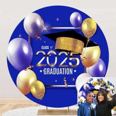 Imagem de OERJU Capa de fundo redonda de formatura azul 2 x 2 m Classe de 2024 fundo de festa de formatura boné valetadeira balões parabéns graduado formatura festa decoração círculo pano de fundo adereços para