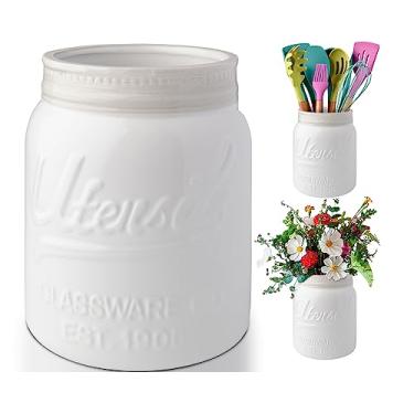 Imagem de Comfify Wide Mouth Mason Jar Utensil Holder Decorative Kitchenware Organiser Crock, Chip Resistant Ceramic - Perfect Cookware Gift - White, Large Size