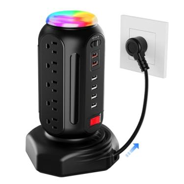 Imagem de CYAN BOX Torre De Régua De Energia Com Várias Tomadas E Luz Noturna Colorida, 15 Tomadas Ca E 6 Portas Usb De Fixação Rápida, Cabo De Extensão De 6,5 Pés, Protetor Contra Surtos De 900 J Com Proteçã