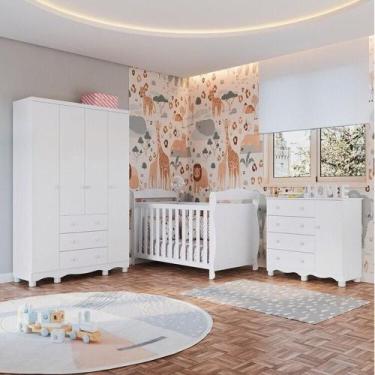 Imagem de Quarto de Bebê Completo Berço Minicama Guarda-roupa 4 Portas e Cômoda 