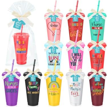 Imagem de Teenyyou 12 conjuntos de copos de agradecimento de enfermeiras com canudos e tampas, presentes de enfermeira a granel, copos de plástico reutilizáveis de 680 g, garrafas de água gelada multicoloridas