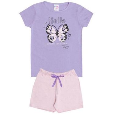 Imagem de Conjunto de Verão Infantil Feminino Blusa Roxa e Shorts Rosa Borboleta