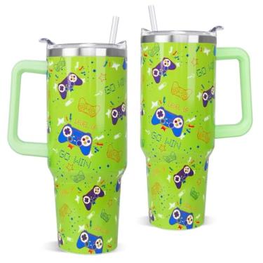 Imagem de Rcvlauf Copo para jogos com alça e canudo, caneca de café, viagem, presentes para gamers, homens, pai, pai, marido, filho, namorado, 1,134 g, equipamento de jogos, verde