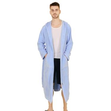 Imagem de LVTFCO Roupões de banho de lã coral com zíper bidirecional, pijama longo de flanela, ternos de spa com capuz, vestidos masculinos de inverno, azul-M