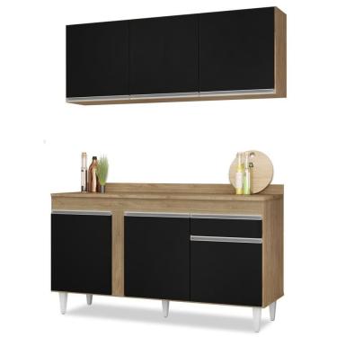 Imagem de Armário Aéreo Argélia E Balcão Gabinete Para Pia Com Tampo 150cm Dakota Castanho-preto - Lumil