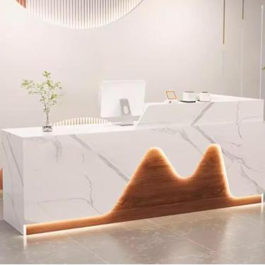 Imagem de Balcão De Recepção, Recepção Com Gavetas Com Fechadura, Balcão Minimalista Em Forma De L, Para Caixa, Salão De Beleza, Lobby, White+brown, 120cm/47.2in