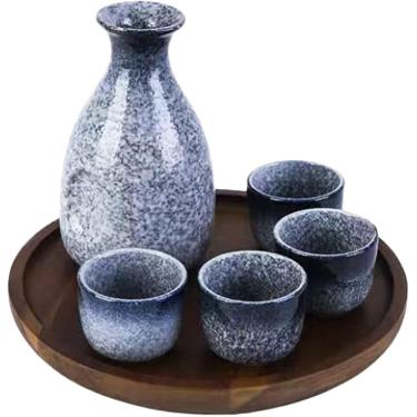 Imagem de Conjunto De Saquê Japonês Garrafa De Saquê De Cerâmica E Copos De Saquê Com Bandeja De Madeira Para Casa Ou Restaurante, Round Tray Large 1 Pot 4 Cups (Starry Sky)