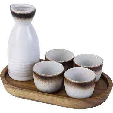 Imagem de Conjunto De Saquê Japonês Garrafa De Saquê De Cerâmica E Copos De Saquê Com Bandeja De Madeira Para Casa Ou Restaurante, Oval Tray Small 1 Pot 4 Cups (Mocha)