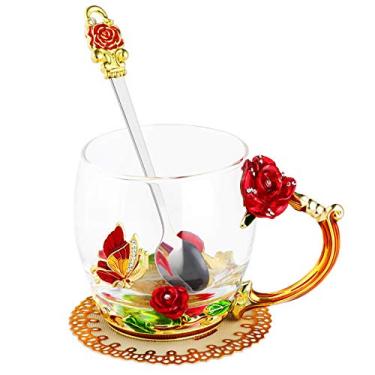 Imagem de WD&CD Copos de café de vidro de borboleta rosa com colher e porta-copos, presentes para sua namorada, esposa, mãe, mulheres no dia dos namorados, dia das mães, Natal, vermelho curto