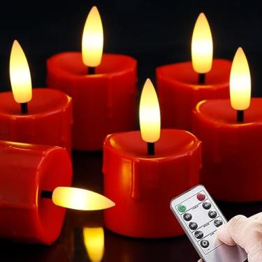 Imagem de Yeelida Controle remoto e temporizador de LED sem chamas 4 x 6,3 cm velas de plástico para luz de chá com baterias, 6 peças de velas votivas elétricas cintilantes de borgonha com design de cera de