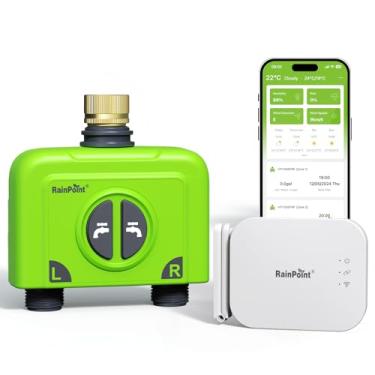 Imagem de RAINPOINT Temporizador de água WiFi para mangueira de jardim, controlador de irrigação WiFi de 2 zonas de entrada de latão, válvula de temporizador de mangueira inteligente com gateway Ethernet