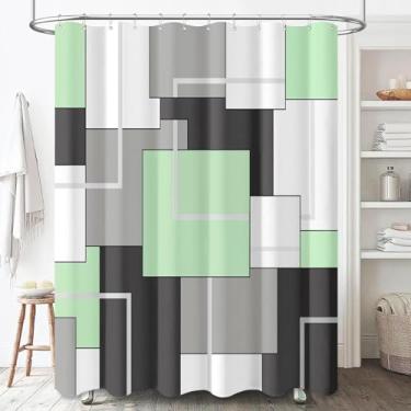 Imagem de BTTN Cortina de chuveiro de tecido geométrico – Conjunto de cortina de chuveiro abstrata pequena estreita com 10 ganchos de plástico, cortinas de chuveiro neutras de tecido de poliéster decorativas