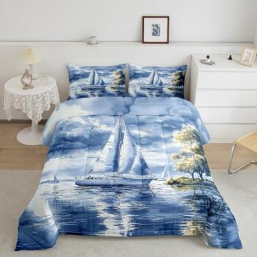 Imagem de Conjunto de edredom infantil com barco à vela marítima, náutico, verão, aventura marítima, para meninos e adultos, oceano gaivota costeira com 2 fronhas