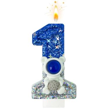 Imagem de HXOUSE Vela astronauta de primeiro aniversário – Espacial Universe Sparkler 1 vela para bolo de aniversário menino, topo para decorações de festa, comemorações de aniversário (número 1)