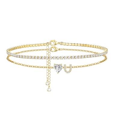 Imagem de CIOMY Tornozeleiras femininas com inicial dourada banhada a ouro 14 K, coração de zircônia cúbica, tornozeleiras femininas à prova d'água com letras ajustáveis em camadas, tornozeleira grande, verão