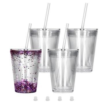 Imagem de sweet grain Copos de globo de neve (pacote com 4) - Copos de acrílico de parede dupla de 340 g para copos de globo de neve com orifício pré-perfurado, tampas, canudos e rolha de furo, copo