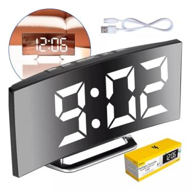 Imagem de Relógio Digital De Mesa Cabeceira Curvado Espelhado Despertador Alarme Termômetro E Display Led 12h/24h