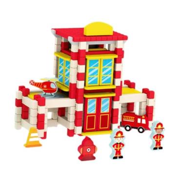 Imagem de MERIGLARE Conjunto de construção de casas de madeira, brinquedo de aprendizagem de engenharia, conjunto de modelos de construção com habilidade prática, Corpo de Bombeiros