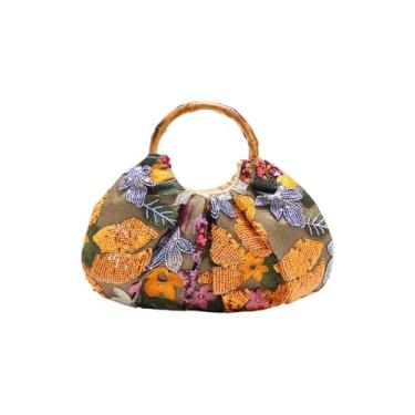 Imagem de Verdusa Bolsa feminina elegante floral de lantejoulas para noite com alça superior e alça superior plissada, Laranja, verde, One Size