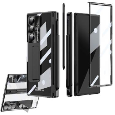 Imagem de Capa galvanizada Z Fold 7/6/5 para Samsung Galaxy Z Fold 7 5 4 3 5G com protetor de tela de vidro integrado, uma caneta, proteção de dobradiça, capa protetora de câmera de liga (dobra 7, preta)