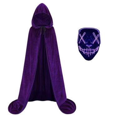 Imagem de AGCOAH Capa de veludo unissex com capuz para adultos com máscara luminosa masculina e feminina medieval renascentista Halloween bruxa cosplay poncho roxo 170 cm